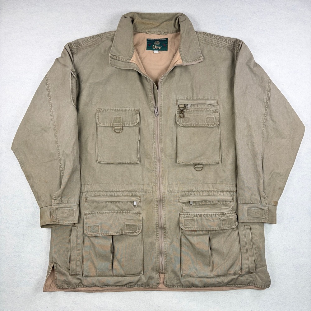 Vintage Orvis Mens XXL Olive Cotton Canvas Multi Pocket Safari Field Jacket